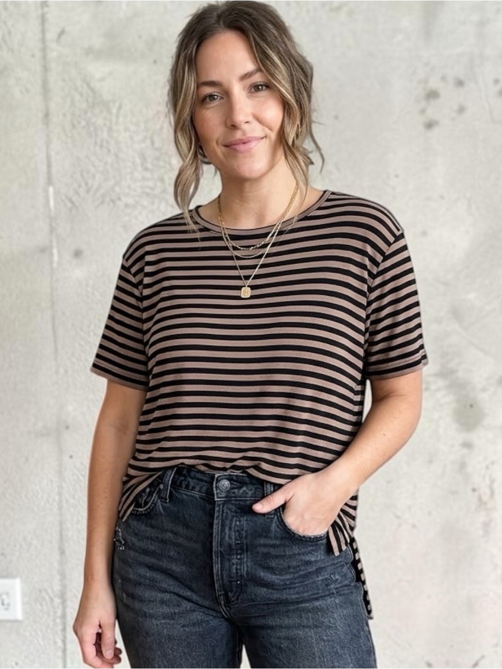 Vintage Chico’s Striped Top L Slinky Knit Brown Black 90s Y2K